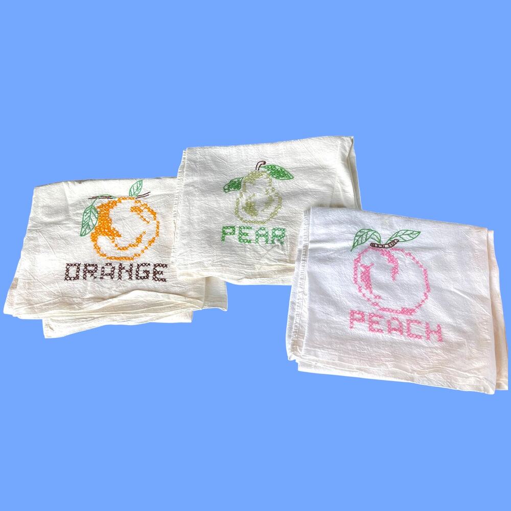 Vintage Fruit Embroidered Tea Towels Set 3 Farmhouse Kitchen Cross Stitch